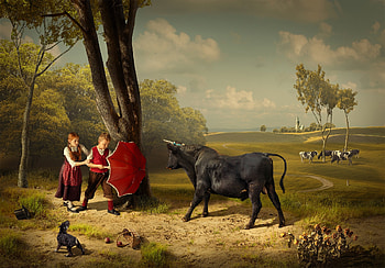 :), parasol, bull, copil, umbrella, children, art, dimitri yanin, painting, red, dmitry yanin, pictura, couple HD wallpaper