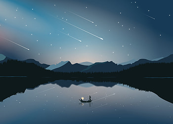 Art, Mountains, Vector, Boat, Starfall HD wallpaper