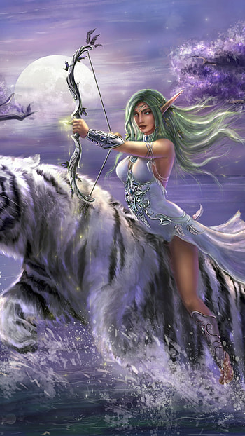 white tiger, pointed ears, green hair, blue eyes, bow, tiger, woman warrior, elf, video game, World of Warcraft HD phone wallpaper