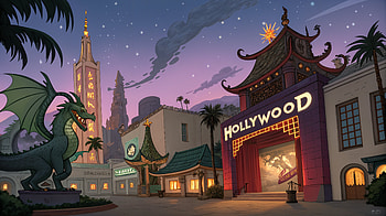 Hollywood Nights: A Stunning Ultra, hollywood, animation, dragon, architecture, night scene HD wallpaper