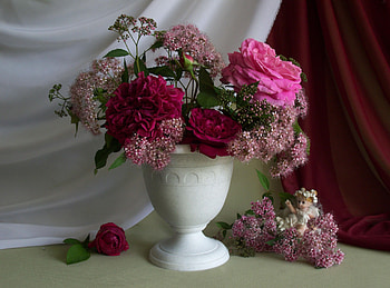 Flowers, Roses, Bud, Bouquet, Cloth, Vase, Angel HD wallpaper