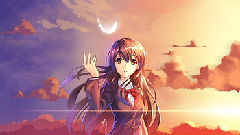 School girl, feather, anime, pretty, beautiful, girl, sunset HD wallpaper