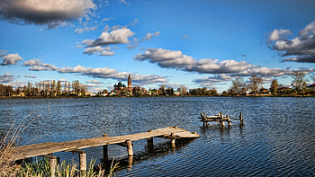 Severed Lake Bridge, blue, town, landscape, clouds, bridge, sky, lake HD wallpaper