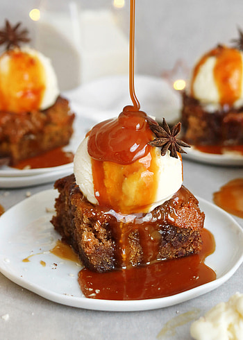 Plant-based sticky toffee pudding, Vegan delight, Decadent dessert, Caramel indulgence HD phone wallpaper