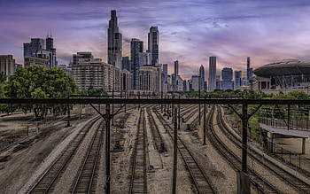 Chicago, evening, sunset, Chicago skyscrapers, rails, Chicago cityscape, Illinois, USA HD wallpaper