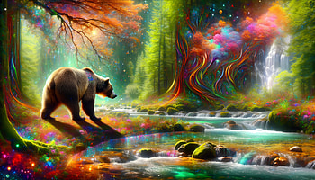 Enchanted Forest Grizzly Bear, grizzly, bear, forest, waterfall, colorful HD wallpaper