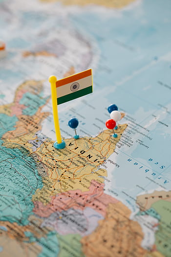 Indian map close-up with a flag and multiple colored pushpins. HD phone wallpaper