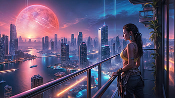 Girl Looking At The Lunar Colony, artist, artwork, art, digital-art, deviantart HD wallpaper