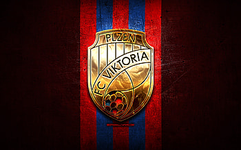 Viktoria Plzen FC, golden logo, Czech First League, red metal background, football, czech football club, Viktoria Plzen logo, soccer, FC Viktoria Plzen HD wallpaper