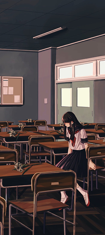 black hair, long hair, classroom, Anime, Original HD phone wallpaper