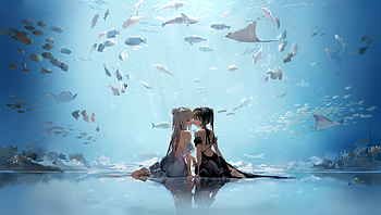Anime, Original, Black Hair, Dress, Fish, Reflection, Sea Life, Underwater, White Hair HD wallpaper