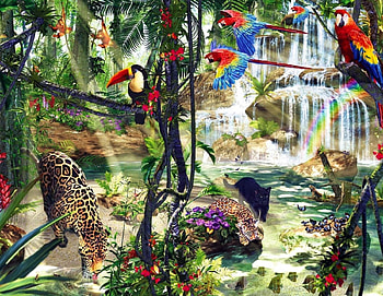 Jungle Residents, artwork, river, leopard, parrots, trees, waterfall, puma HD wallpaper