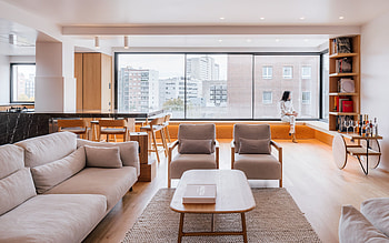 stylish apartment design, living room, large windows in the apartment, modern interior design, light wooden furniture HD wallpaper