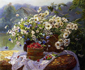 Эдуард Панов. Ромашки, колокольчики, малина, still life, painting, art, fruit, flowert HD wallpaper