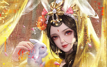 Chang'e, girl, goddess, change, frumusete, gorgeous, superb, bunny, yanmin ji, moon, fantasy, yellow, face, chang e HD wallpaper