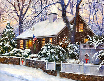 christmas in connecticut, snow, christmas, house, fence, bows HD wallpaper