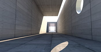 Concrete passage showcasing modern architecture with dramatic light and shadow play. HD wallpaper