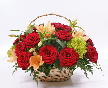 Bouquet, graphy, colors, wonderful, beauty, nice, red velvet, basket, rose, , white, roses, elegantly, beautiful, lily, still life, pretty, perfection, red, cool, red roses, beautiful roses, flowers, lilies, lovely, magic roses, harmony HD wallpaper