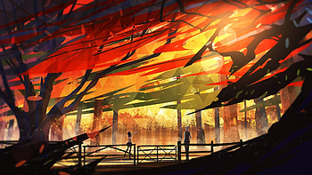Anime, outdoor, friends, autumn, art HD wallpaper