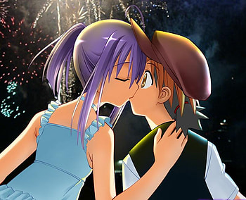 Kiss in School Festival, fireworks, teacher, nodoka, scene, festival, negi, anime, student, glasses, kiss, romantic, manga, hat, mahou sensei negima HD wallpaper
