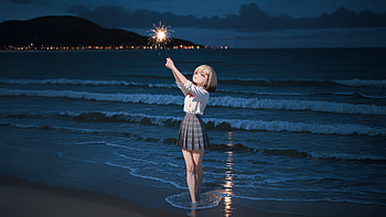 Cute Anime Character With Sparkler At Night, anime-girl, anime, asian, ocean, sea, night, fireworks, artist, artwork, art, digital-art, ai, deviantart HD wallpaper
