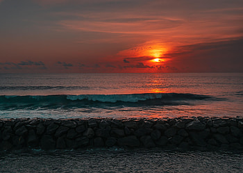 Nature, Sunset, Stones, Sea, Sun, Waves HD wallpaper