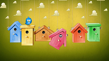 Welcome Home, blue, bird, livingdoll, orange, pink, wood, green, tan, yellow, clouds, vector, hiding, bird house HD wallpaper