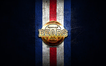 Doosan Bears, golden logo, KBO, blue metal background, south korean baseball team, Doosan Bears logo, baseball, South Korea HD wallpaper