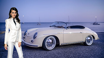 Camilla Belle and her 356 Porsche Speedster, suit, car, brunette, model, porsche, beach HD wallpaper