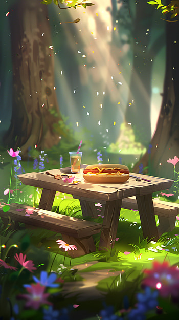 Enchanted Forest Picnic Table with Hot Dog, picnic table HD phone wallpaper