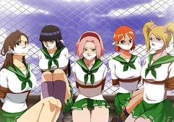 Now, be good hostages while I collect the ransom., females, lollipop chainsaw, nami, games, sakura haruno, uniform, final fantasy, hostages, tifa lockhart, haruno sakura, hyuuga hinata, group, ff7, crossover, skirts, one piece, characters, final fantasy 7, hinata, hinata hyuuga, juliet starling, tifa, anime, sakura, video games, naruto, girls HD wallpaper