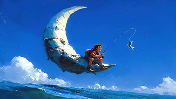 Kid Sitting On Half Moon In Middle Of The Ocean Fishing, kid, sky, moon, ocean, artist, artwork, art, digital-art, ai, deviantart HD wallpaper
