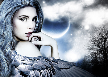 Host of heaven, fairy, wings, lady, moon, angel, stars, woman HD wallpaper