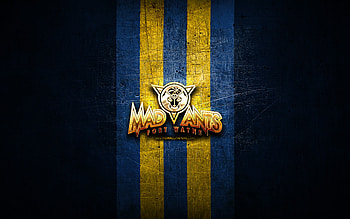 Fort Wayne Mad Ants, golden logo, NBA G League, blue metal background, american basketball team, Fort Wayne Mad Ants logo, basketball, USA HD wallpaper