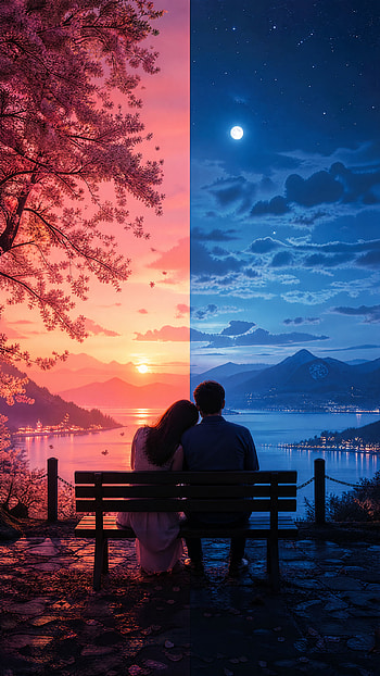 Couple, Bench, Lake, Night HD phone wallpaper
