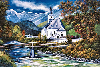 The Church of Ramsau F, architecture, chapel, art, beautiful, church, artwork, scenery, wide screen, religious, painting, bridge, mountains HD wallpaper