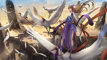 The cranes, wings, bird, crane, girl, anime, fantasy, luminos, pasari, manga HD wallpaper
