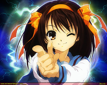 haruhi's gun finger, guns, girls, anime, the melancholy of haruhi suzumiya HD wallpaper