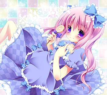 anime, blue, colors, pink hair, long hair, dress, purple eyes HD wallpaper