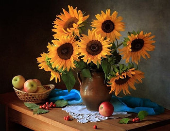 Still life with a bouquet of sunflowers, Apples, Flowers, Sunflowers, Still life HD wallpaper