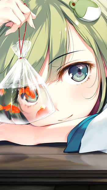 green hair, fish, face, aqua eyes, Sanae Kochiya, Anime, Touhou HD phone wallpaper