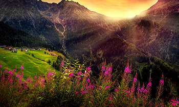 Mountain sun, landscape, peaceful, beautiful, rocks, mountain, wildflowers, cliffs, valley, view, village, sunset HD wallpaper