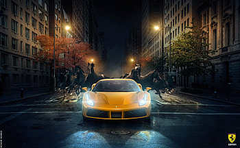 Ferrari 488 GTB, digital art, horses HD wallpaper