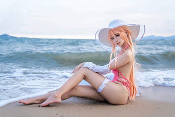 Bikini Model ~ Momoko Aoi (Cosplay), bikini, model, orange hair, beach, hat HD wallpaper