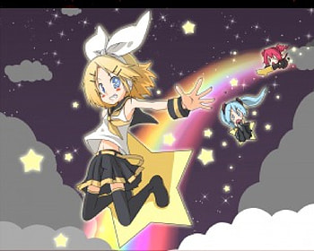 Follow The Leader!!, hatsune miku, riding, stars, vocaloid, anime, rin kagamine, rainbow, clouds, girls, sky, friends HD wallpaper