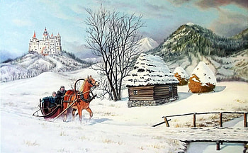 Back from the Mighty Castle, winter, artwork, horse, sleigh, painting, buildingcabin, snow HD wallpaper