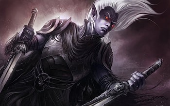 art dark elf drow drizzt do'urden burning eyes armour blade chains HD wallpaper