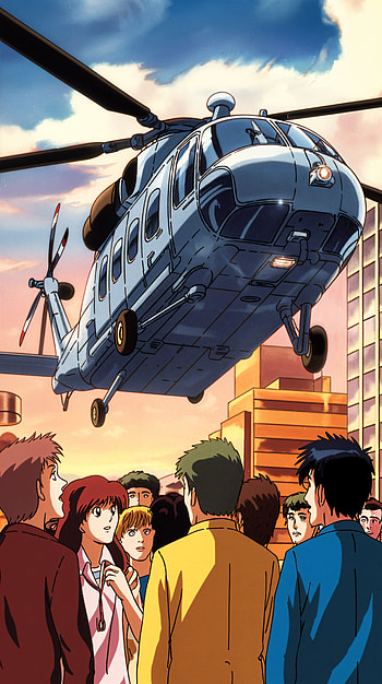Urban Adventure: Helicopter , helicopter, Anime, crowd, cityscape, anime sunset HD phone wallpaper