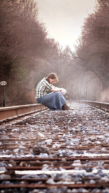 Sad Smile, Railway Track, Sitting Alone HD phone wallpaper