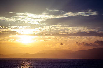 Nature, Sunset, Mountains, Sea, Clouds, Horizon, Fog HD wallpaper